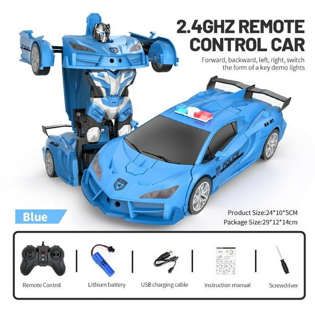 CNKOO Remote Control Car Transform Robot RC Cars 2.4Ghz Transforming Police Car Toy with LED Light One-Button Deformation and 360° Rotating Drifting Toys for 5+ Year Old Boys/Girls