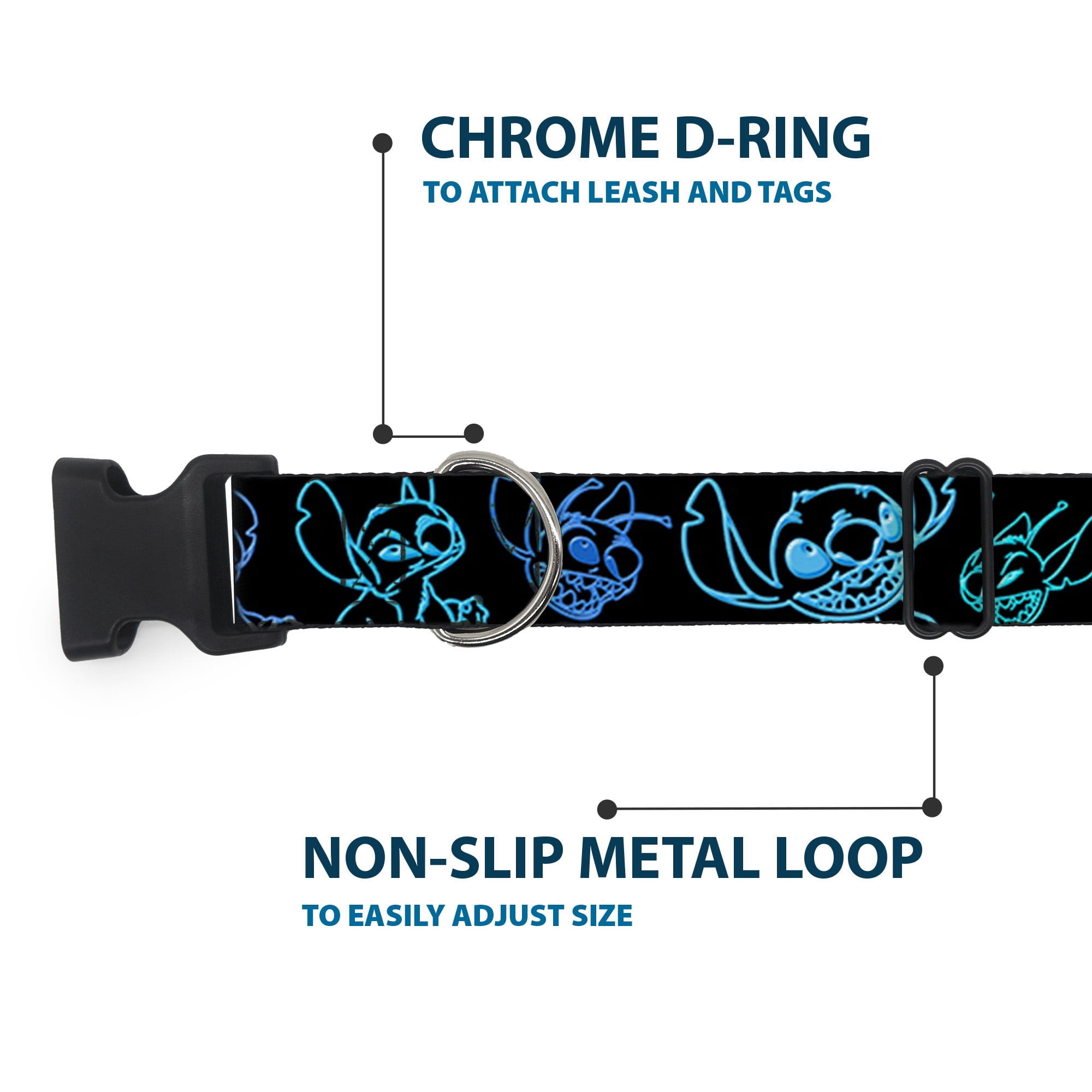 Disney Pet Collar, Dog Collar Plastic Buckle, Electric Stitch Poses Black Neon Blue, 15 to 24 Inches 1.0 Inch Wide