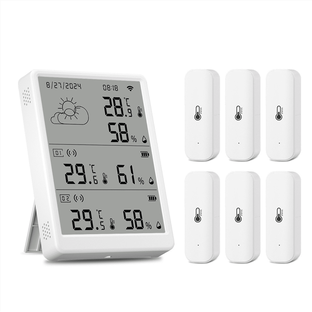 Tuya WIFI Weather Station Digital Forecast Screen with 6 WiFi+RF433 Sensors Thermometer Hygrometer Support Voice Control,1 x Display 6 x Sensor,White