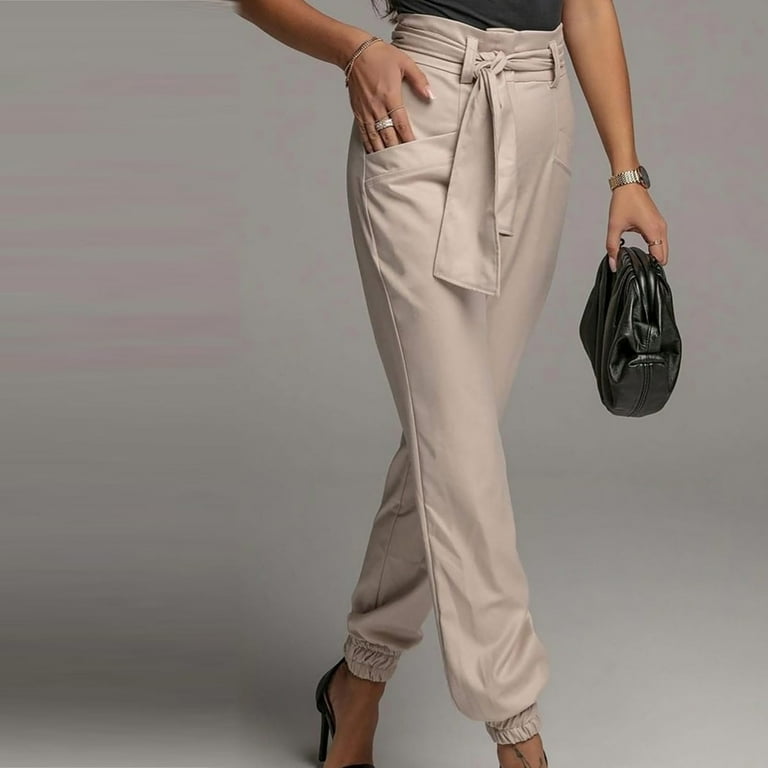 Women's High Waist Dress Pants with Belt Pockets Athleisure Pants Cinched  Ankle Length Soft Satin Joggers