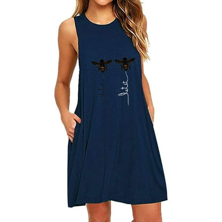 

XIAOFFENN Fashion Womens O-Neck Pocket Printing Sleeveless Casual Nightdress Dresses