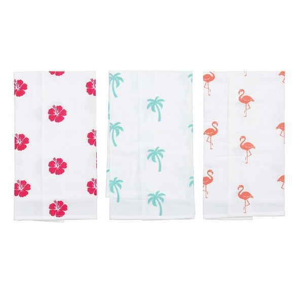 Tropical Flowers Flamingos & Palm Trees Printed Flour Sack Kitchen Dishtowels Set of 3