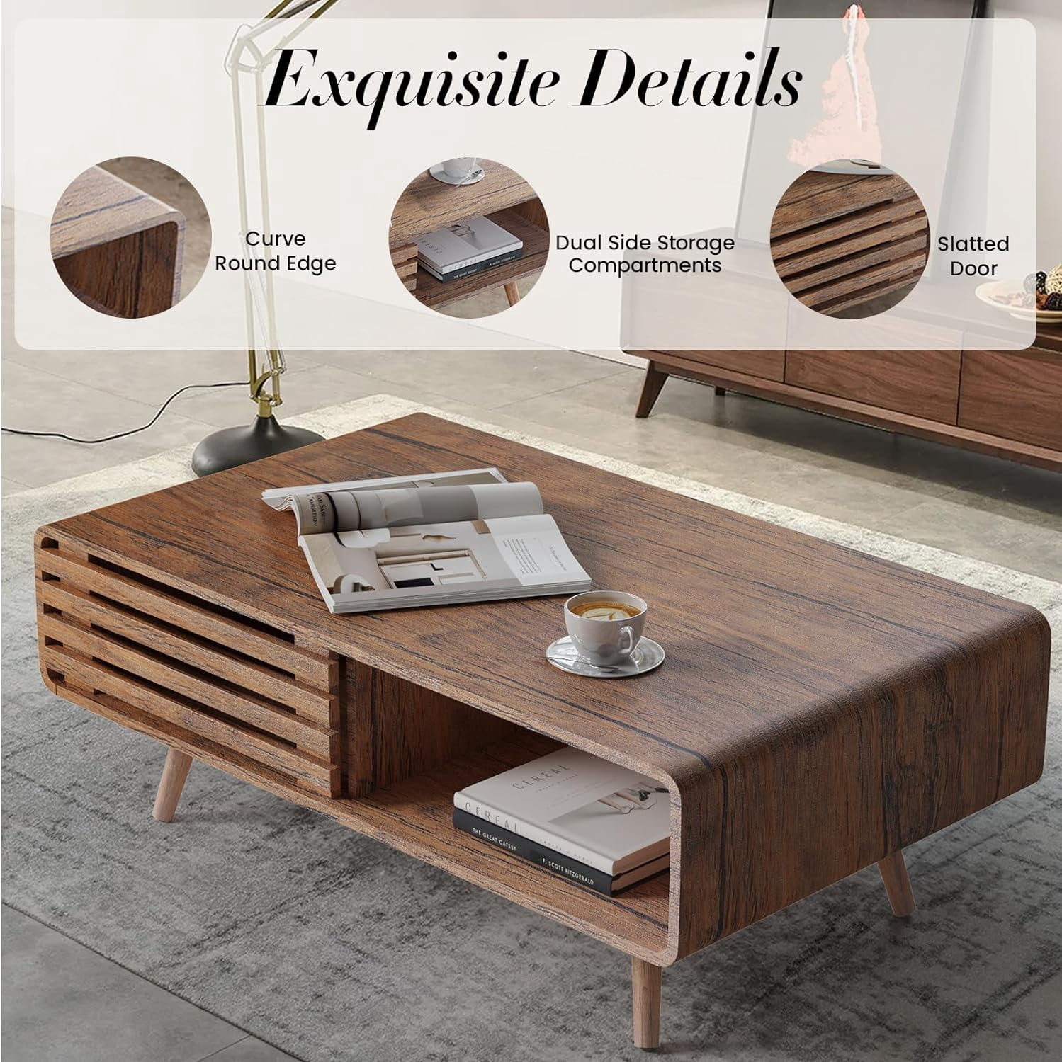 Woodty Farmhouse Wooden Storage Coffee Table, Hidden Compartment & Easy Assembly, Living Room & Home Office, Natural Finish