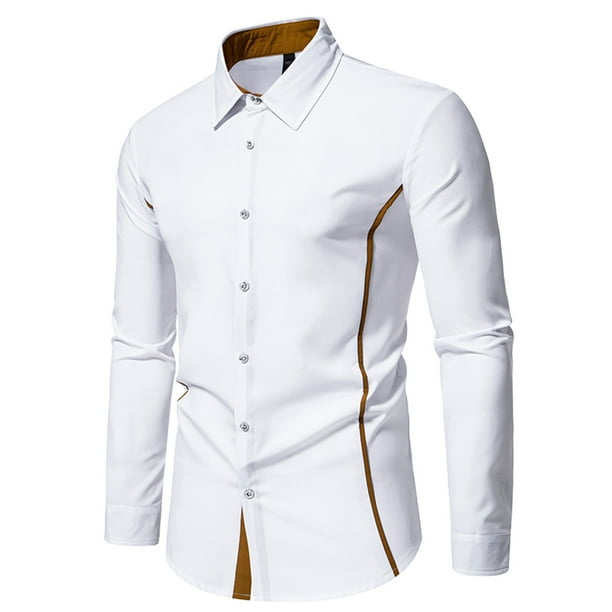 pstuiky camisetas de manga larga para hombre, Camisa blusa informal de manga larga con cuello vuelto y botones de patchwork para hombre Tops de hombre s