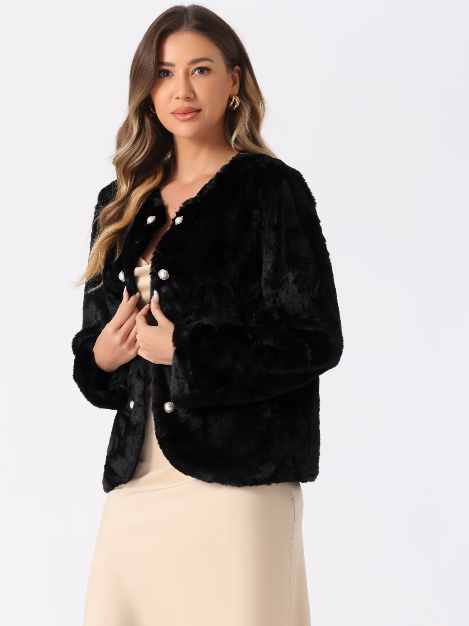 DARING DIVA Women's Winter Faux Fur Coat Jacket Long Sleeve Pockets Pearl Button XS Black