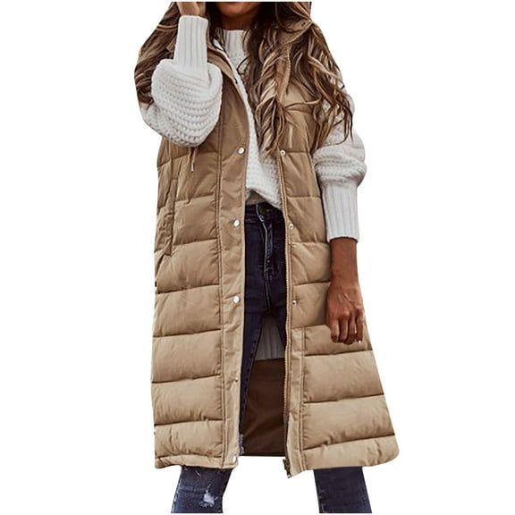 VINUSLI Women's Long Puffer Vest Sleveless Zip Up Hooded Jacket Plus Size Thickened Warm Coats Outdoor Quilted Windbreakers 2025 Beige,M