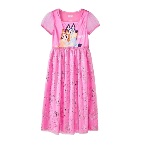 Bluey and Bingo Girl's Pink Satinet and Tulle Character Nightgown Character Gown (X-Small 4/5)