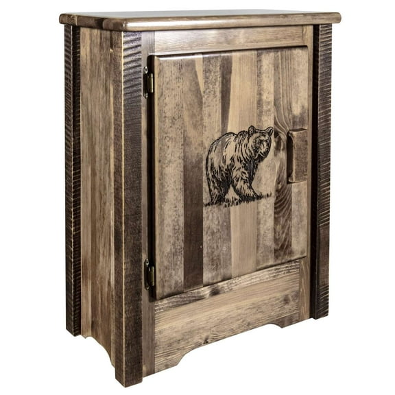Homestead Collection Accent Cabinet w/ Laser Engraved Bear Design, Left Hinged, Stain & Clear Lacquer Finish