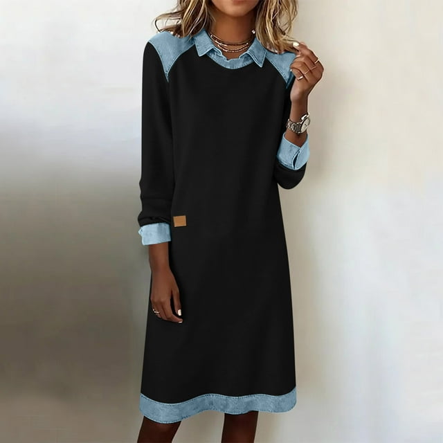 Mceream Robes Longues pour Femmes Formelles Grande Taille Robe en Denim Patchwork à Blocs de Couleur Printemps Ample Décontractée Col Midi Robes Chandail en Molleton Noir P