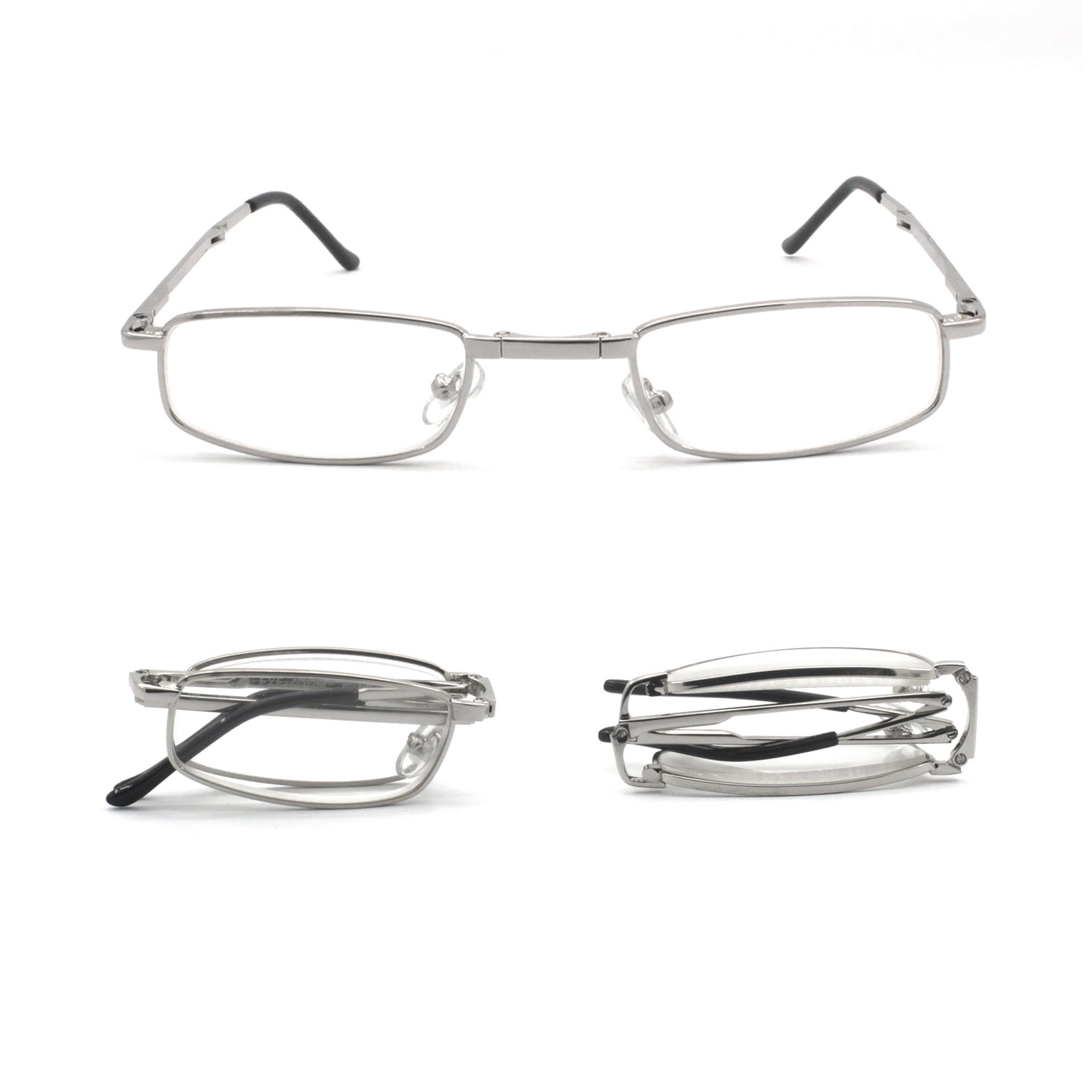 EYE ZOOM 5 Pairs Compact Rectangular Metal Folding Reading Glasses with Case, Silver, +2.00 Strength
