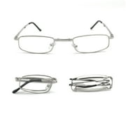 EYEZOOM 2 Pairs Compact Rectangular Metal Folding Reading Glasses with Case for Men and Women, Silver Frame, Brown Case, +2.00