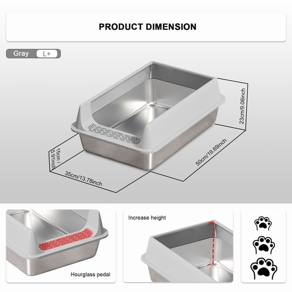 Stainless Steel Litter Box, Semi Enclosed High Side Cat Litter Box, Top Entry Litter Boxs for Senior Cats, Leak-Proof, Non-Sticky, Ideal for Indoor Cats Kitten, Gray/L