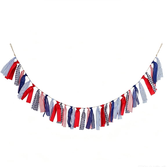 Lypsnake 4th of July Patriotic Tassel Garland, Red White Navy Plaid Strip Solid Fabric Hand Tied Hanging Streamer String Decor,Ornament For 250th Memorial Day Fireplace Wall Holiday Styling
