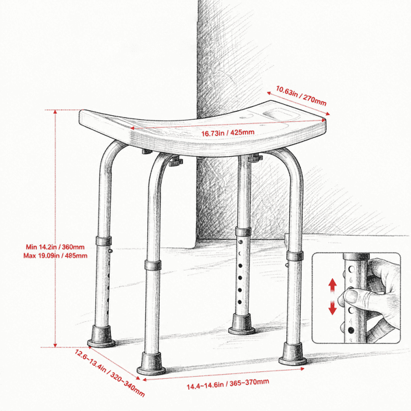 Shower Chair, Adjustable Height Shower Stool with Built-in Handles, Non-Slip Bath Bench Seat for Inside Shower or Tub, 350 lbs Capacity, for Elderly, Disabled & Handicap