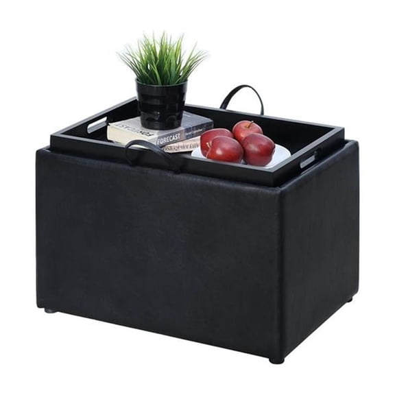 Pemberly Row Transitional Storage Ottoman in Black Faux Leather