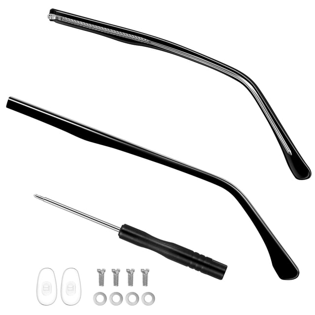 1 par de patillas de repuesto para gafas, universales negro, dos brazos metálicos curvados de 138 mm con bisagra de 1.2 mm y acabado liso; se muestran plano frontal los dos brazos junto a un destornillador pequeño, cuatro tornillos, cuatro arandelas y dos almohadillas nasales sobre fondo blanco; adecuado para gafas de sol, lectura y uso deportivo, y a menudo usado también para reparar brazos dañados en monturas cotidianas.