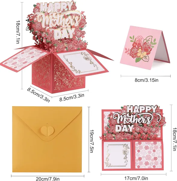 Red 3D Pop-Up Mother’s Day Card, Best Mom Ever Handmade Flower Greeting Card with Envelope & Notecard for Mom