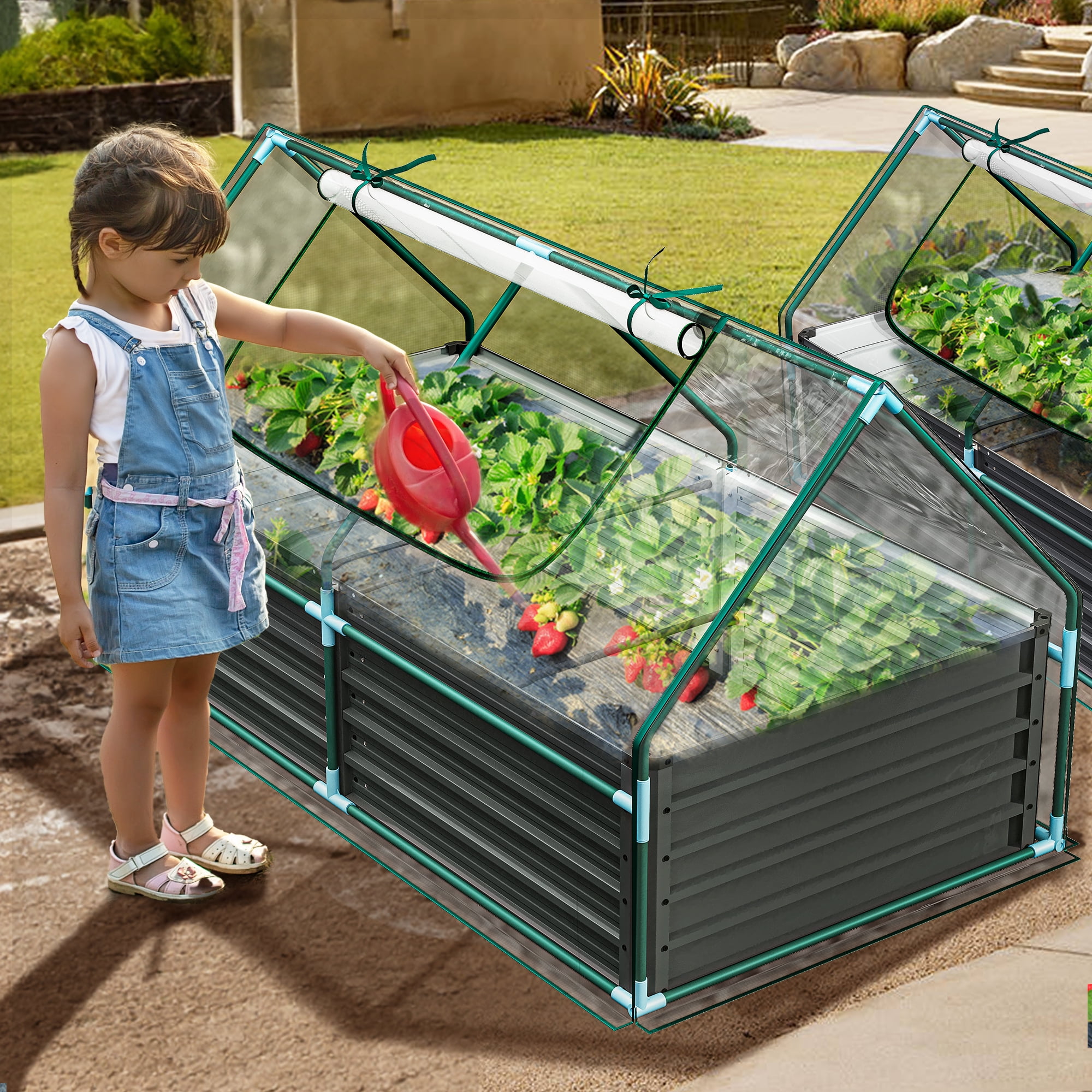 Dextrus 7.5x4x4FT Raised Garden Bed with Cover Extra Large Metal Planter Box Outdoor Flower Bed with Mini Greenhouse 2 Zipper Screen Windows for Outdoor Growing Vegetable,Ttransparent