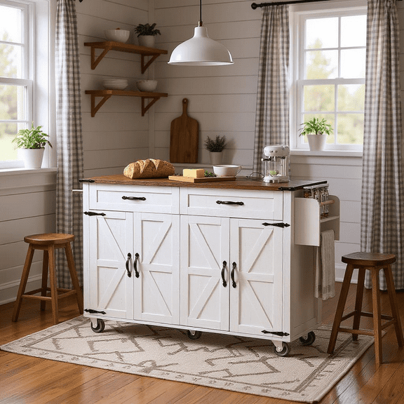 Homy Casa Farmhouse Kitchen Island with Drop Leaf, Power Outlet, Storage & Wheels, White/Brown