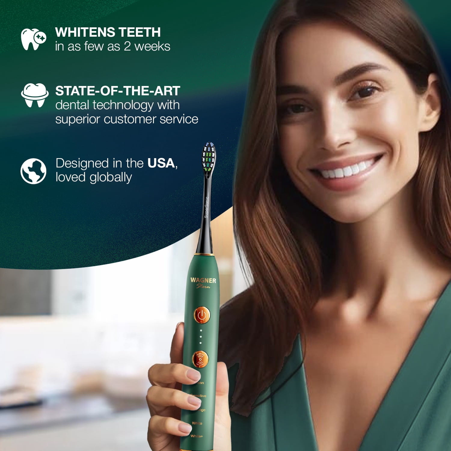 Wagner Stern WHITEN+ Edition. Smart Electric Toothbrush with Pressure Sensor. 5 Brushing Modes and 3 Intensity Levels, 8 Dupont Bristles, Premium Travel Case
