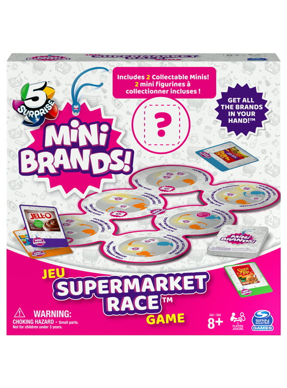 5 Surprise Mini Brands Supermarket Race Board Game by Spin Master, with 2 Collectible Movers for Kids 8 and up