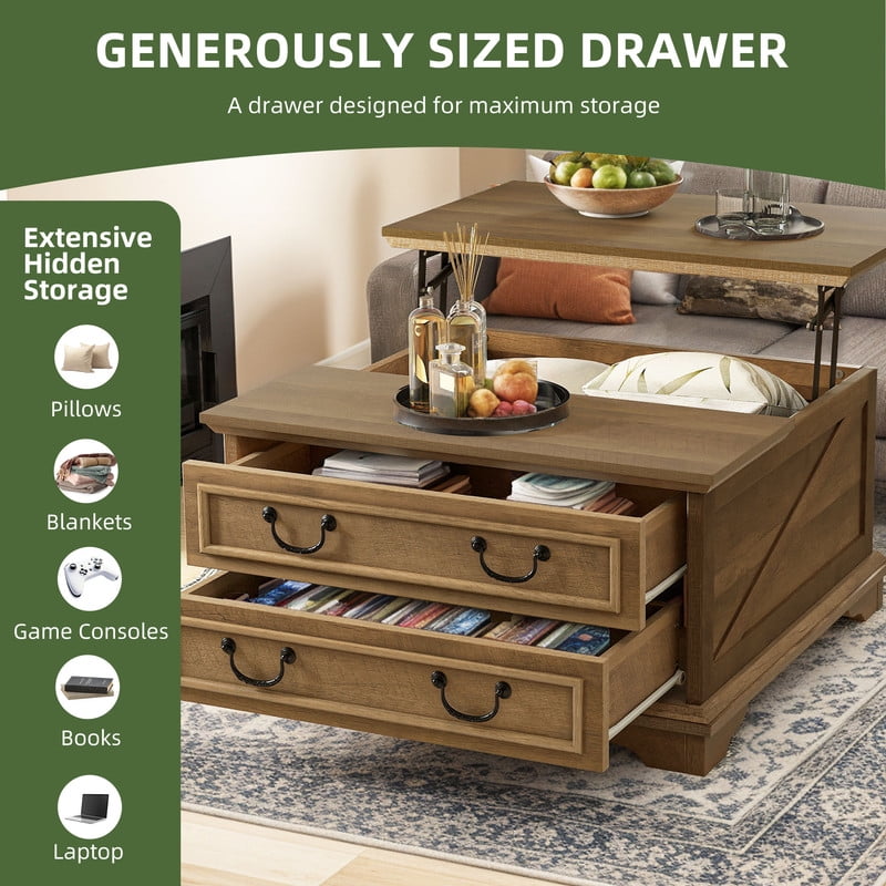 Uforic Farmhouse Lift Top Coffee Table with Storage, Square Center Dining Table with 2 Large Drawers, Rustic Brown