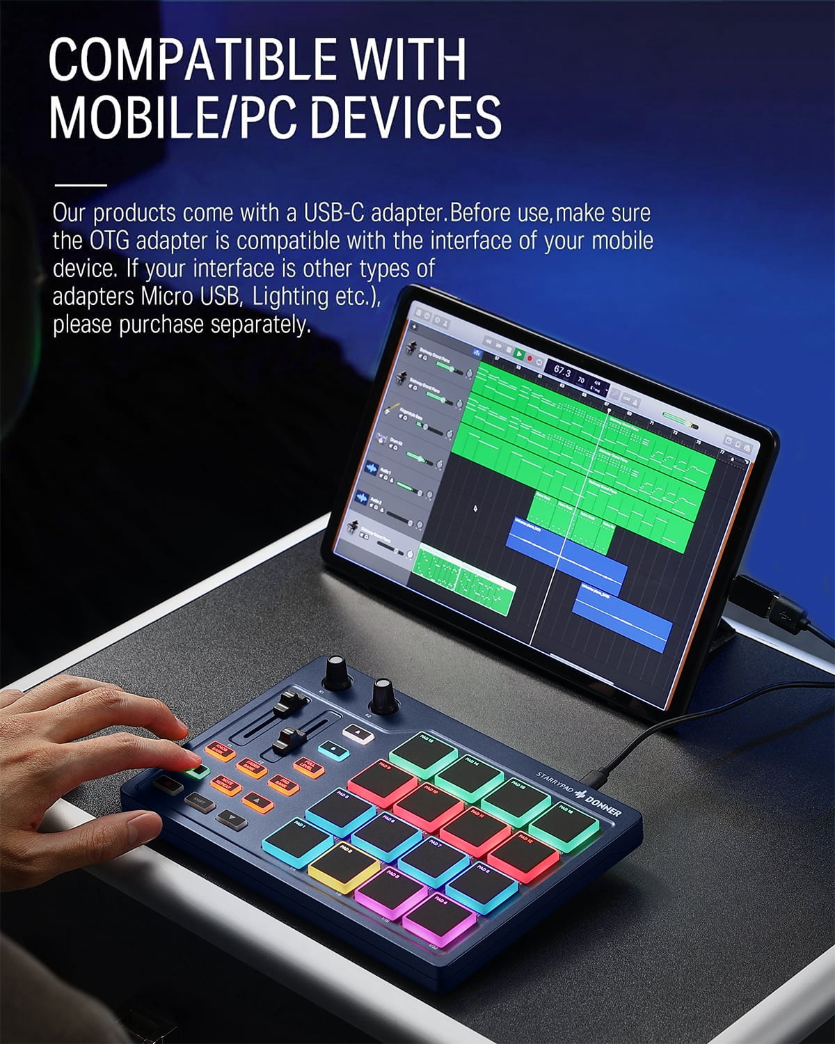Donner STARRYPAD Professional MIDI Pad Beat Maker Machine with 16 Beat Pads, Melodics Lessons, Navy Blue