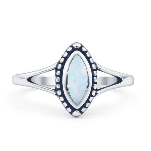 Marquise Oxidized Beaded Ring Lab Created White Opal 925 Sterling Silver Size 5