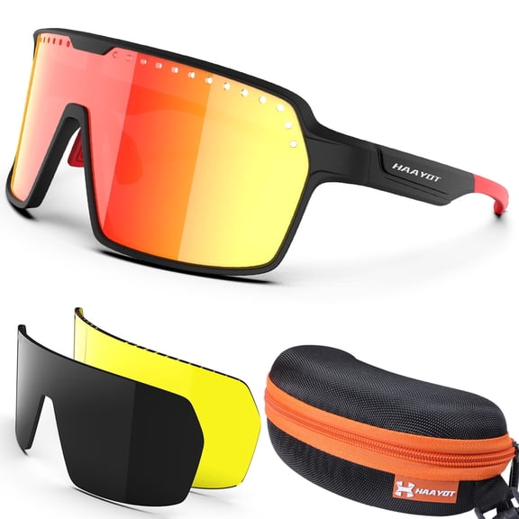Black Sport Cycling Glasses for Men and Women, Big Frame Sunglasses with 3 Interchangeable Polarized Lenses, UV400 Protection for Running, Hiking and Outdoor Sports