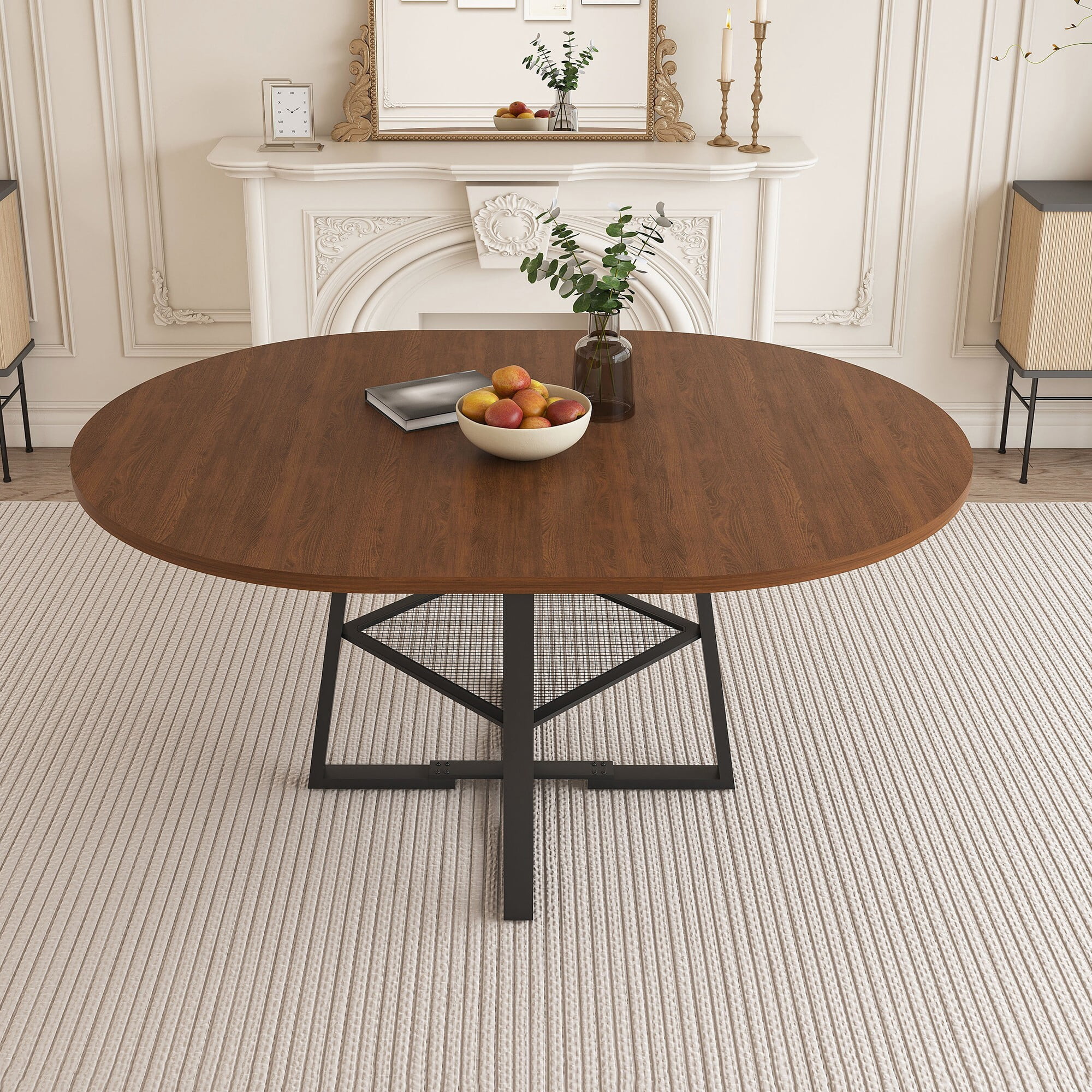 AENKYO 47-59" Extendable Round Dining Table for 4-8 People, Kitchen Table with Metal Storage Shelf, Walnut