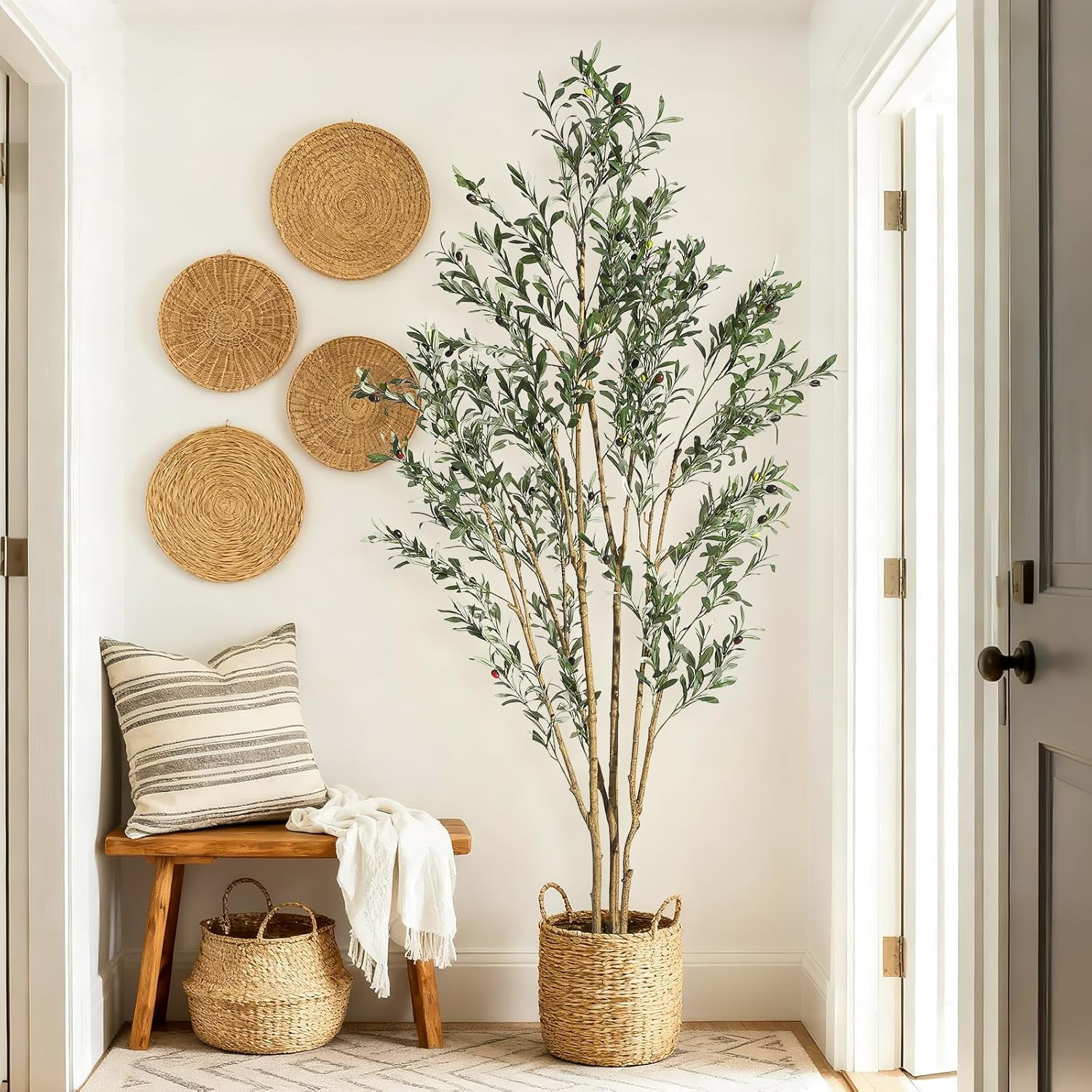 7FT Olive Trees Artificial Indoor, Faux Silk Plant with Natural Wood Trunk and Lifelike Fruits, Black Imitation Ceramic Planter with Green Fake Moss for Modern Home Office Living Room Decor