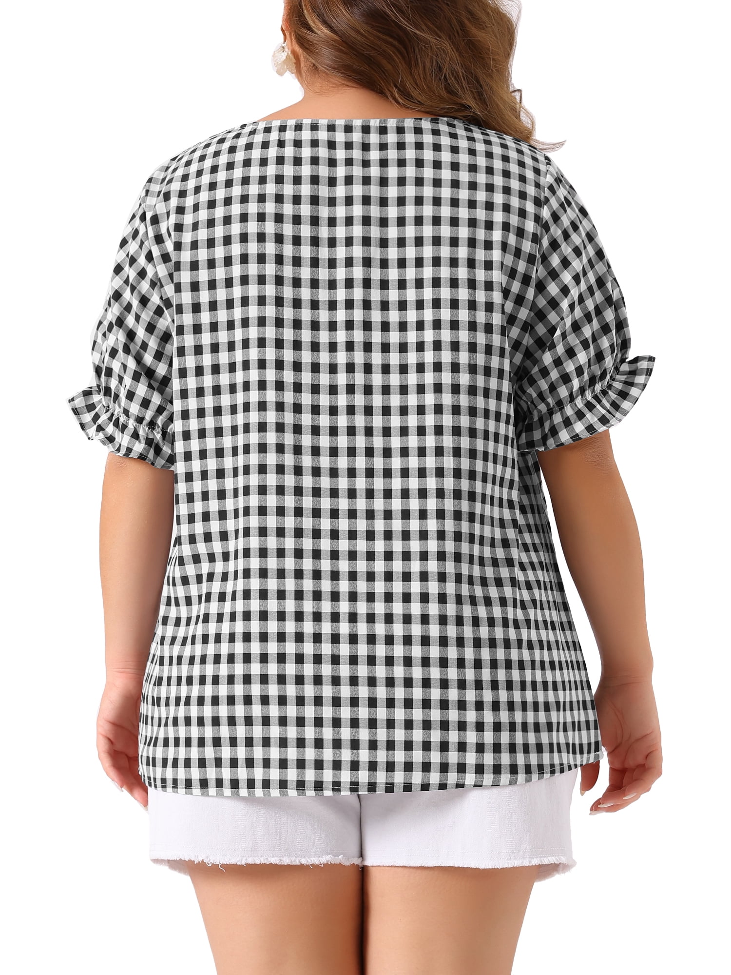 DARING DIVA Women's Plus Size Sweetheart V Neck Puff Short Sleeve Blouse 2X Black White