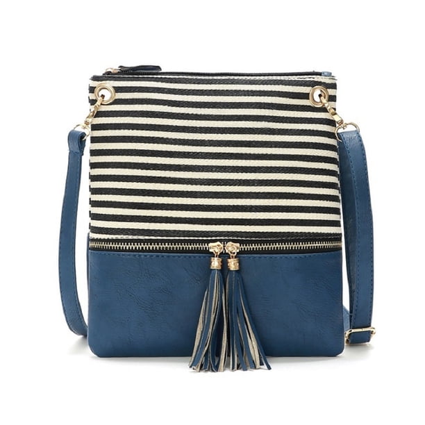 Bolso bandolera de PU con costuras a rayas blancas y negras Azul