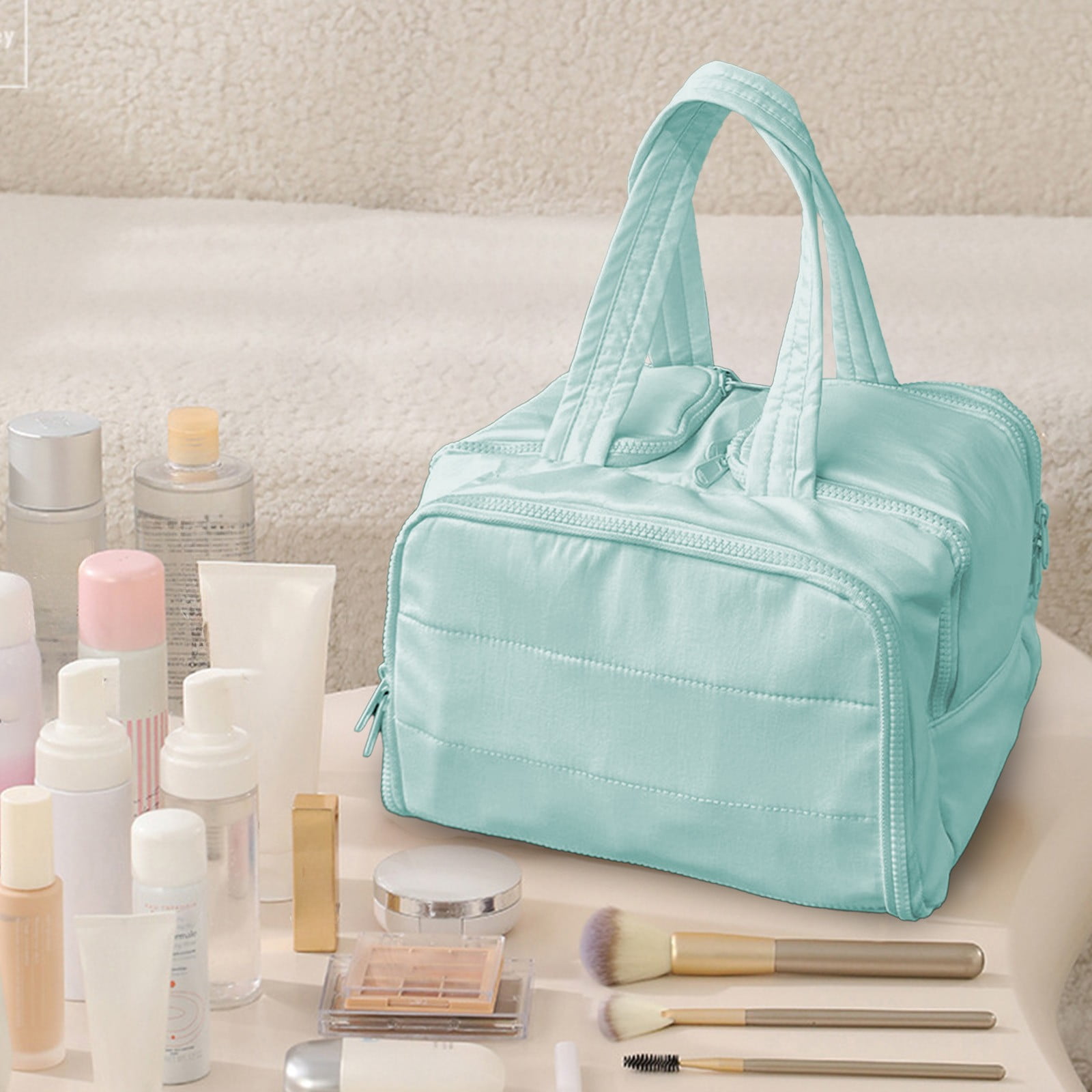 Travel Toiletry Bag, Lightweight Large Wide-Open Travel Bag for Women, Puffy Cosmetic Makeup Bag Organizer with Handle for Accessories, Essentials, Toiletries, Blue