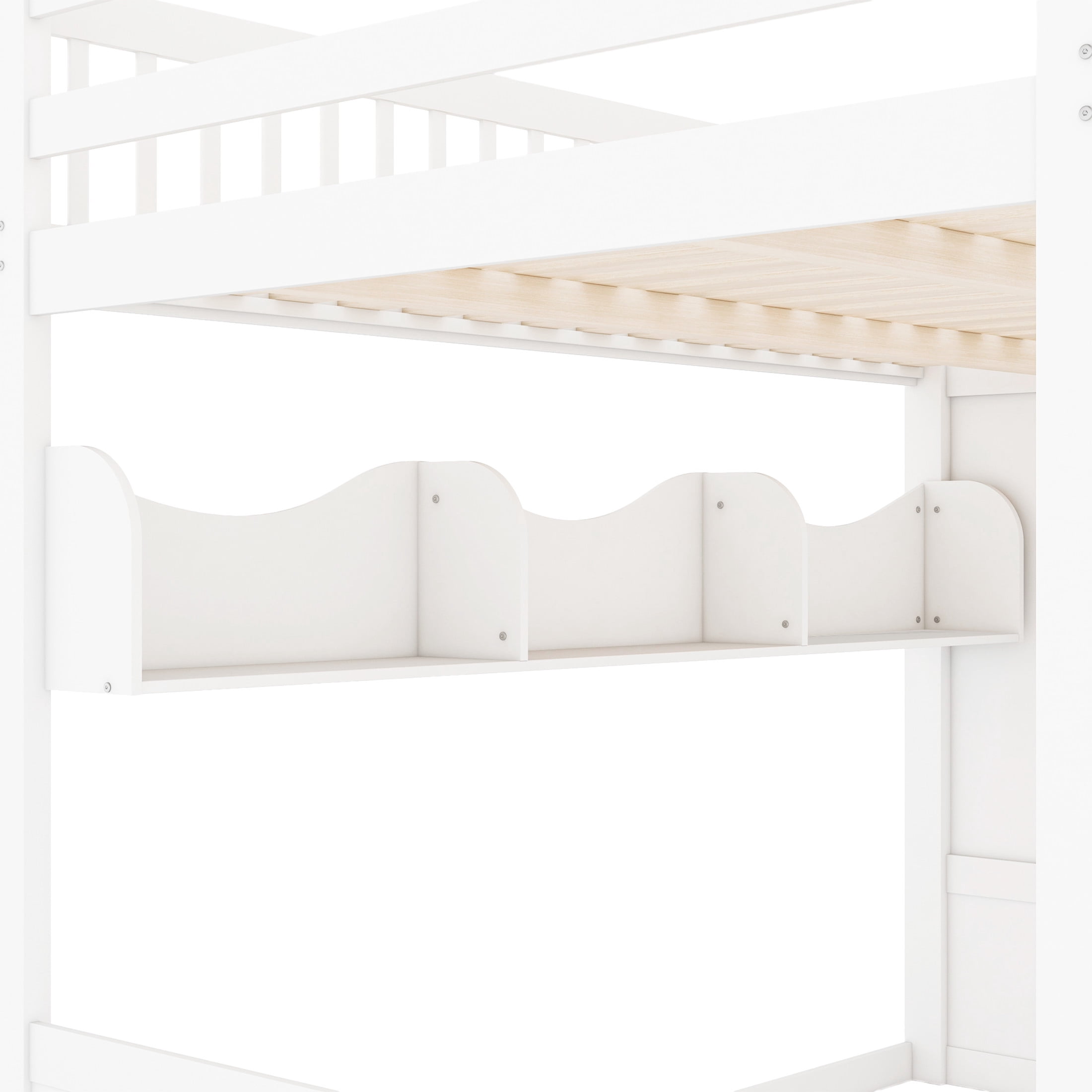 Noble House Brindle Queen Size Loft Bed with Storage Staircase and Wardrobe, Wood High Loft, Under-bed Space, White