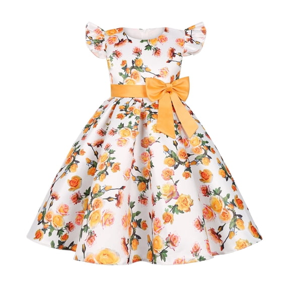 Glisme Toddler Girls Dress Floral Print Flutter Sleeve Crew Neck With Bowknot Back To School Daily Wear Girls Dresses Size 2-3 Years