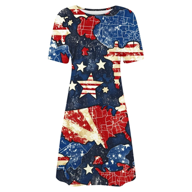 Cagogo Womens Plus Size Fourth of July Graduation Dresses Under Summer Patriotic Short Sleeve American Flag 4th of July Midi Sun Dress Going Out