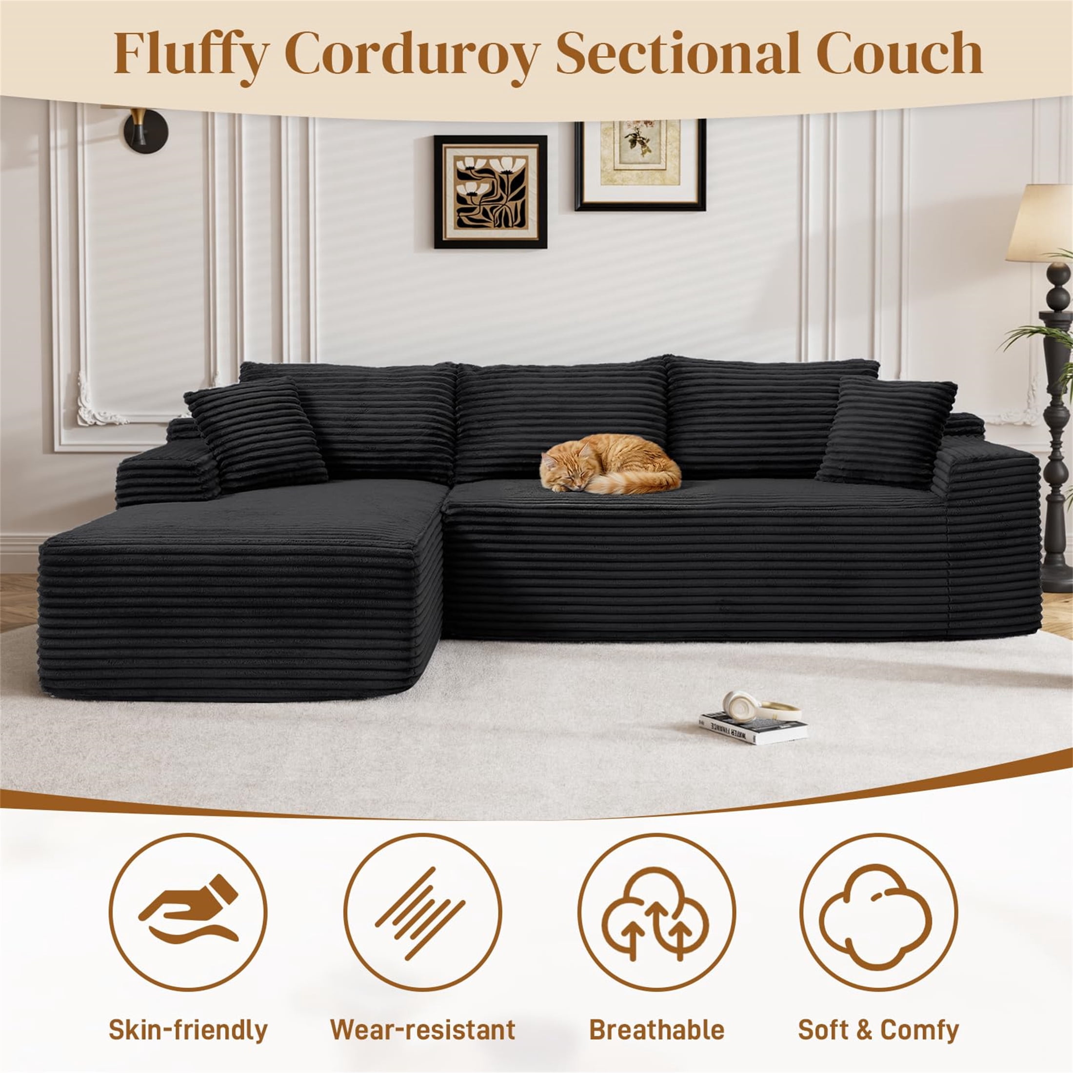 Aukfa 95" Cloud Sectional Sofa Deep Seat Boneless Couch Modular L-Shaped Couch, Left Chaise Corduroy Sofa for Living Room, Black