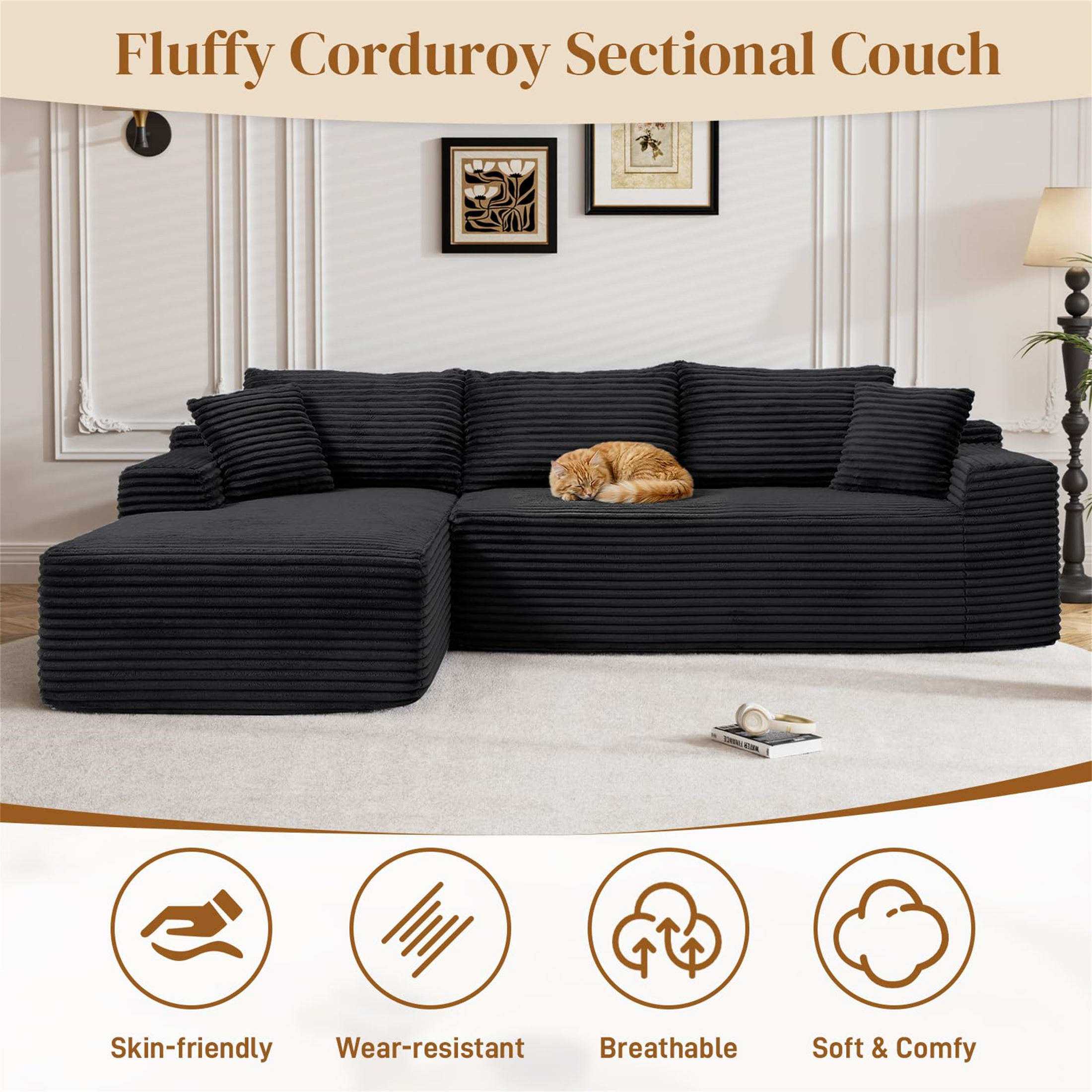 Aukfa 96" Cloud Sectional Sofa, Left Chaise, Black photo 6