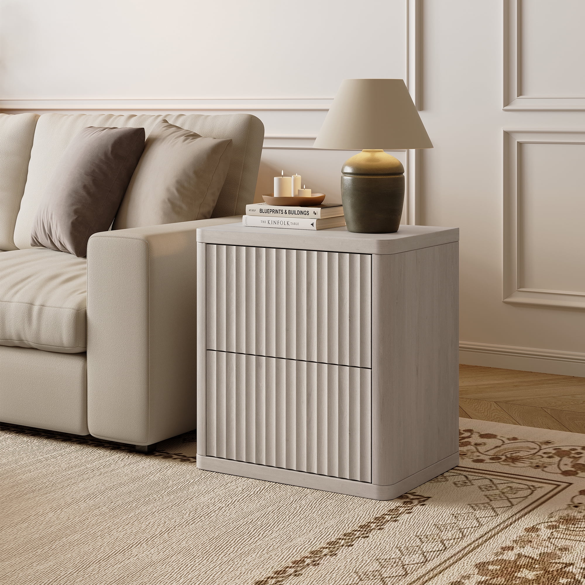 SICOTAS Fluted 2 Drawer Nightstand, 22.75" W Small Modern Bedside Table with Large Handless Drawers, Curved Edge Design, Wooden End Table for Bedroom, Living Room, Grey