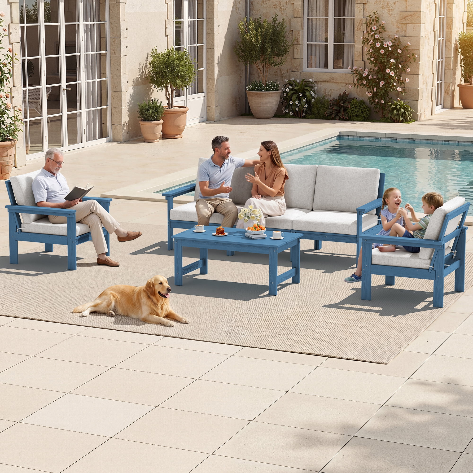 SERWALL Outdoor Patio Furniture Set, 6-Piece HDPE Outdoor Sofa Set Patio Conversation Set, Blue Frame with Beige Cushions