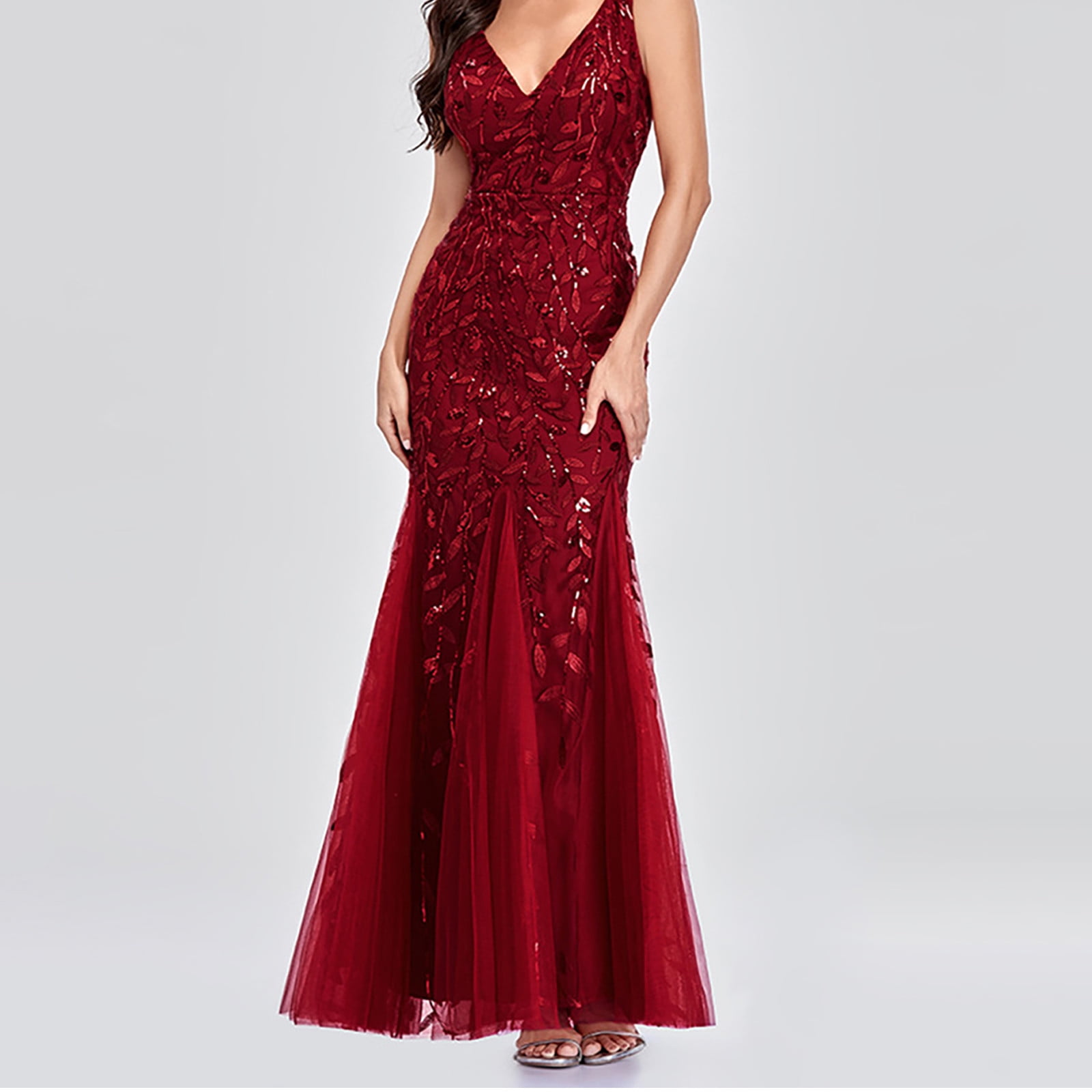Womens Luxurious Sequins Formal Evening Dress Elegant Sleeveless Mermaid Tulle Floor Lenght Party Cocktail Dresses
