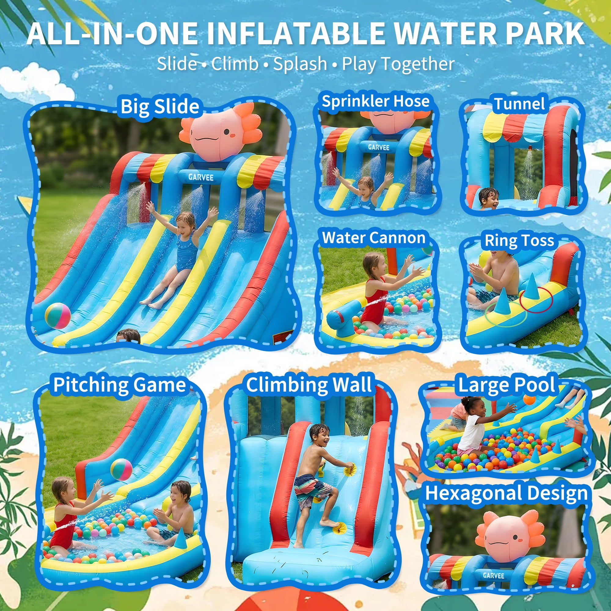 Inflatable Bouncy Castle Water Park for Kids – Large Pool, Dual Slides, Climbing Walls, Durable Oxford, Outdoor & Indoor Playhouse – Garden Playground
