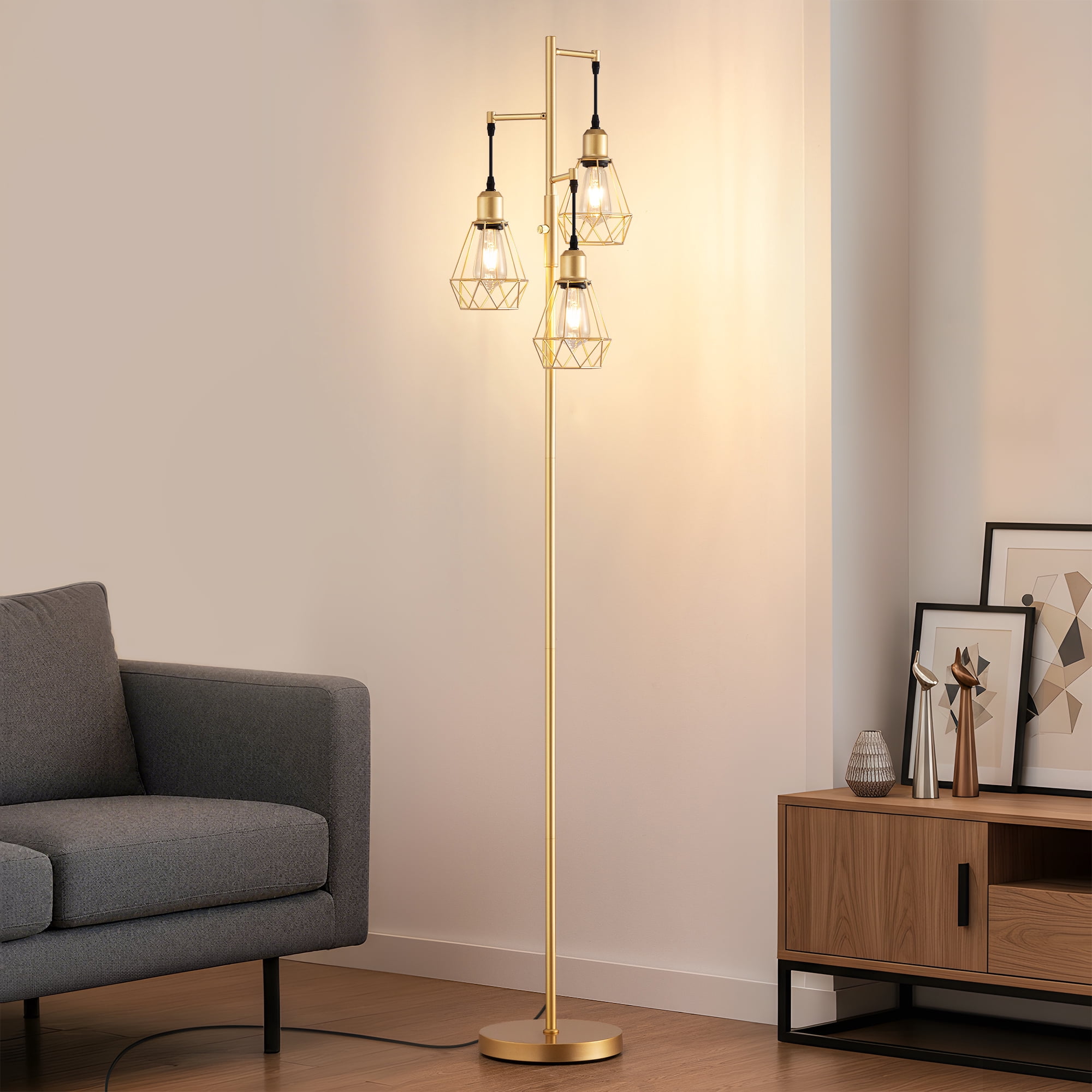 EDISHINE 70IN Farmhouse Industrial Floor Lamps for Living Room, Dimmable, Metal Standing Tree Lamp for Bedroom, Office, Home Decor, Lighting, 3 LED Edison Bulbs Included, Gold