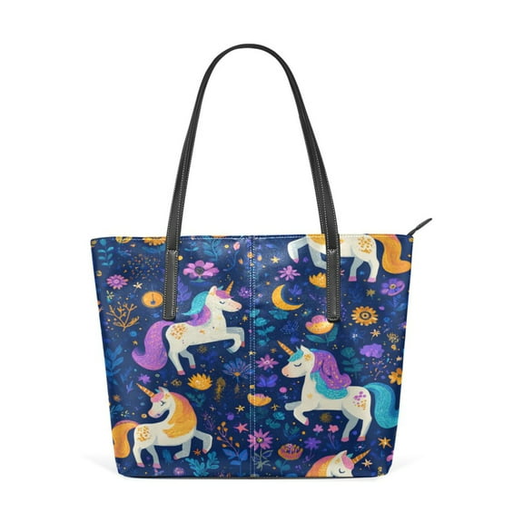 Tote Bag Aesthetic leather Handbags with Zipper for Women Travel Shoulder Bags Purses with compartment. Whimsical Unicorns