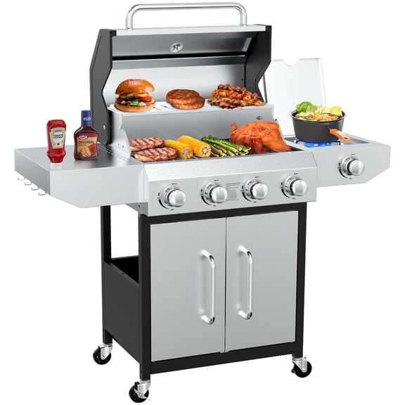 BESTFIRE 60,000 BTU 4 1 Burner Propane Gas Grill - 647 sq. inches Stainless Steel Outdoor BBQ with Porcelain-Enameled Cast Iron Grates, Side Burner & Storage Cabinet for Patio and Backyard Cooking