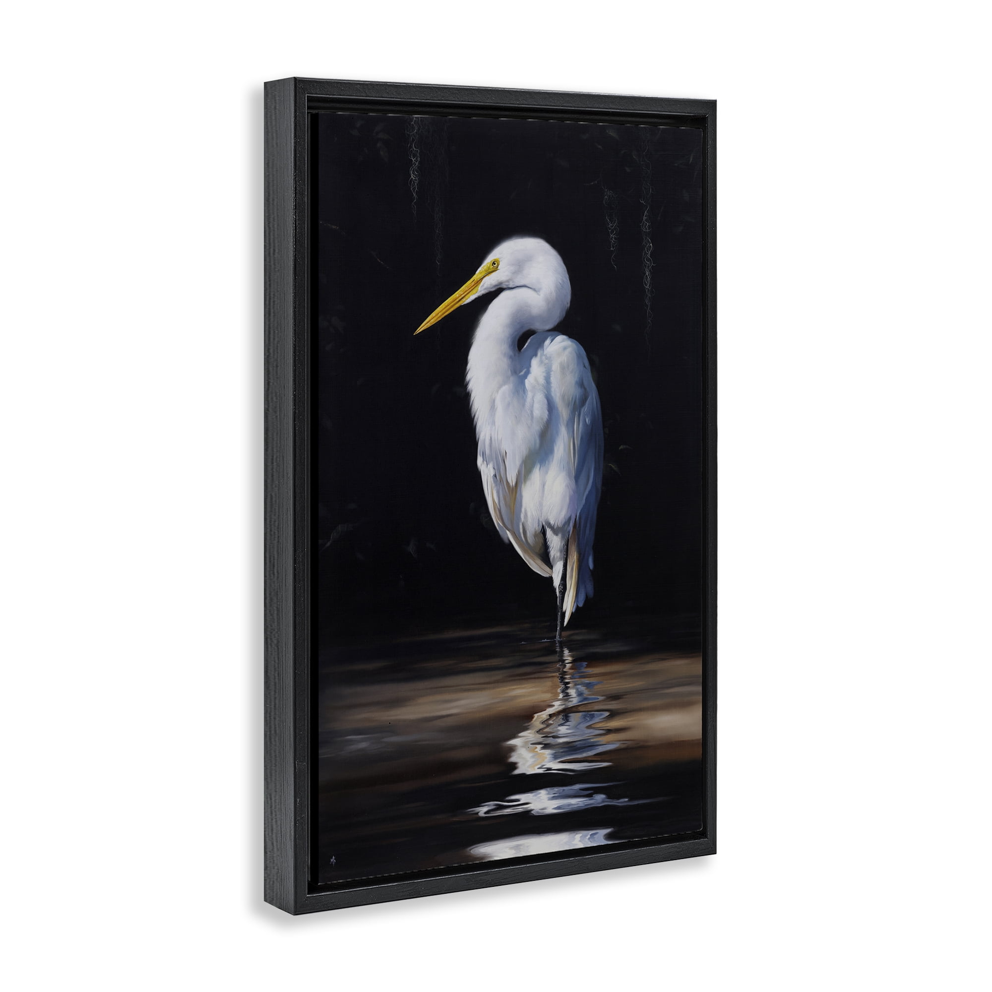 Stupell Industries Balancing Egret Bird Animals Painting Black Floater Framed Canvas Art Print Wall Art, 17 x 25