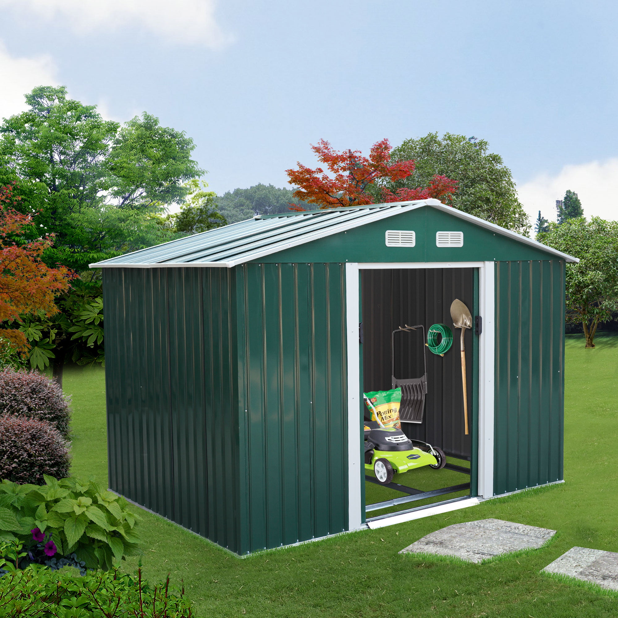 Jaxpety 9' x 6' Large Outdoor Steel Storage Shed with Gable Roof, 4 Vents, a Double Sliding Door