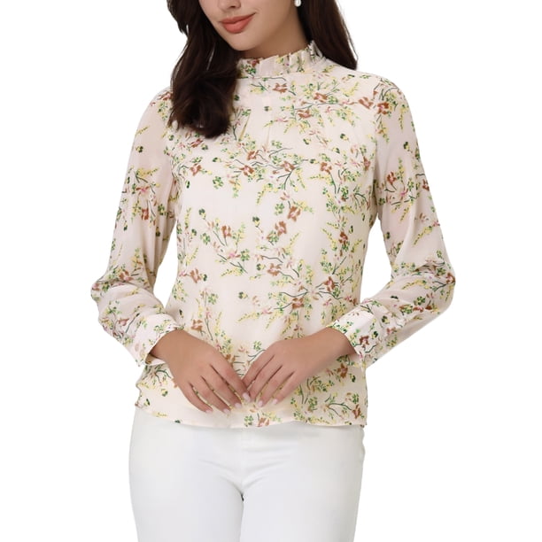INSPIRAR CHIC Blusa de Trabajo Floral con Pliegues y Volantes, Cuello Alto, Manga Larga, XL Blanca
