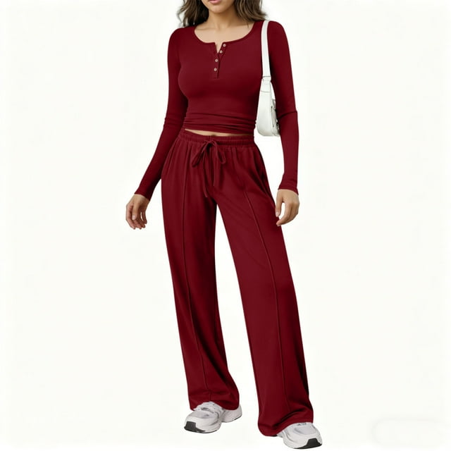 Karight Womens 2 Piece Sets Long Sleeve Slim Fit Crop Tops Wide Leg Pants Matching Lounge Set